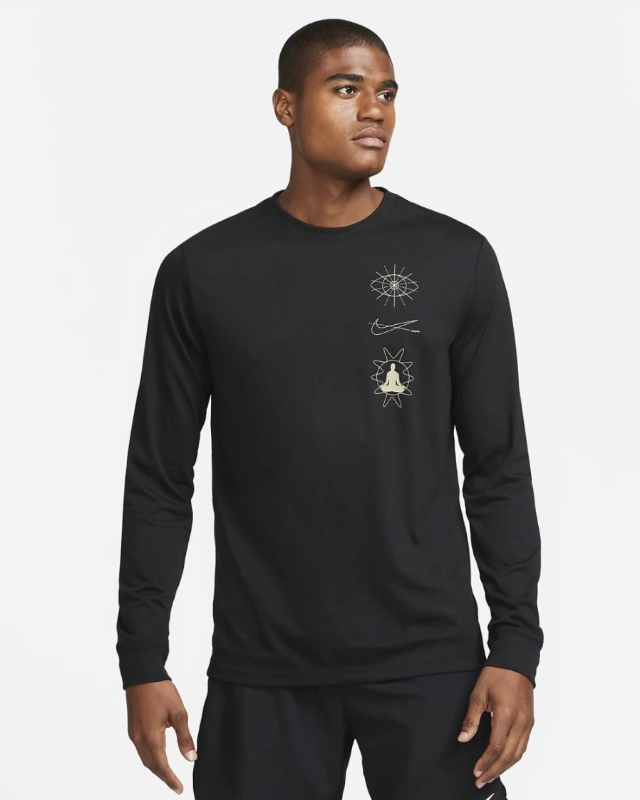 Nike Dri-FIT Men's Black Long-Sleeve Yoga T-Shirt - Moisture-Wicking Workout Top