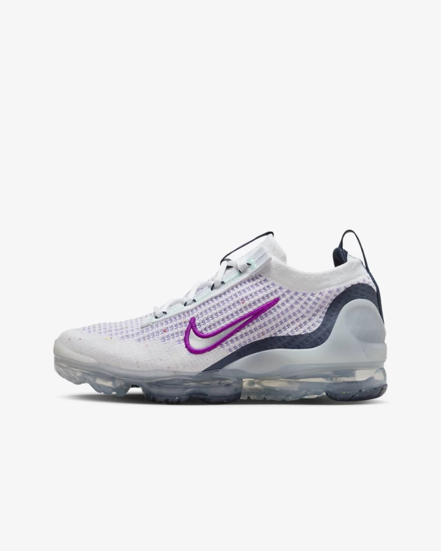 Nike Air VaporMax 2021 FK Big Kids' Running Shoes - White/Midnight Navy/Violet Frost/Metallic Silver - Boys & Girls