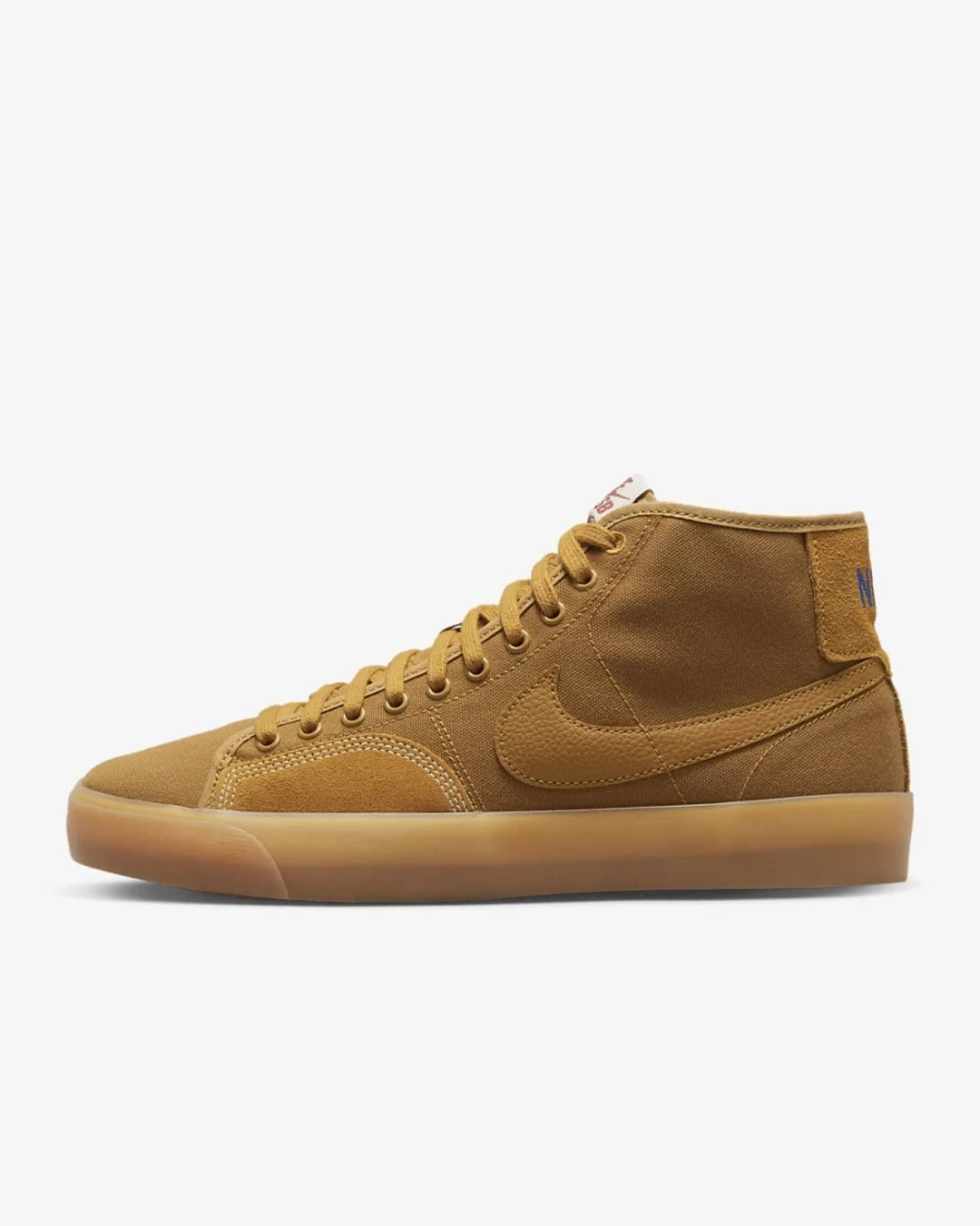 Nike SB Blazer Mid Premium Skate Shoes for Men in Desert Ochre, Hyper Royal & Gum Yellow
