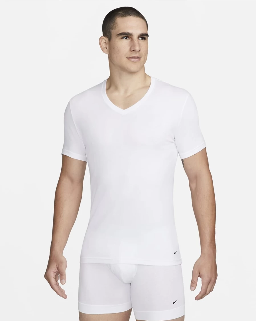 Nike Men's White Dri-FIT Essential Cotton Stretch V-Neck Undershirt 2-Pack