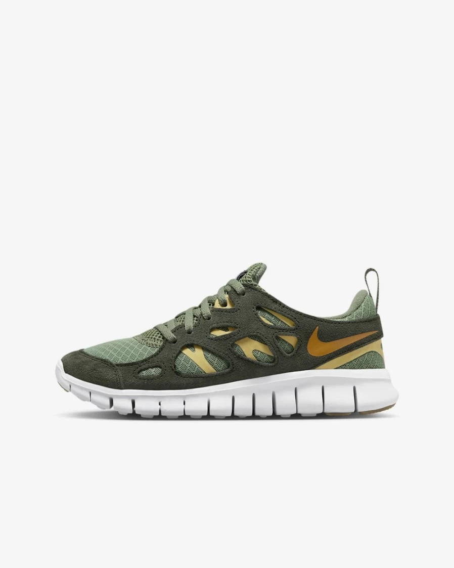 Nike Free Run 2 Big Kids' Running Shoes for Boys & Girls - Oil Green/Sequoia/Wheat Gold/Monarch