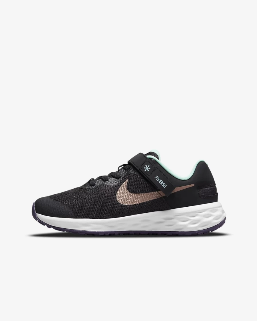 Nike Revolution 6 FlyEase Big Kids' Road Running Shoes - Easy On/Off - Black/Mint Foam/Canyon Purple/Metallic Red Bronze - Boys & Girls
