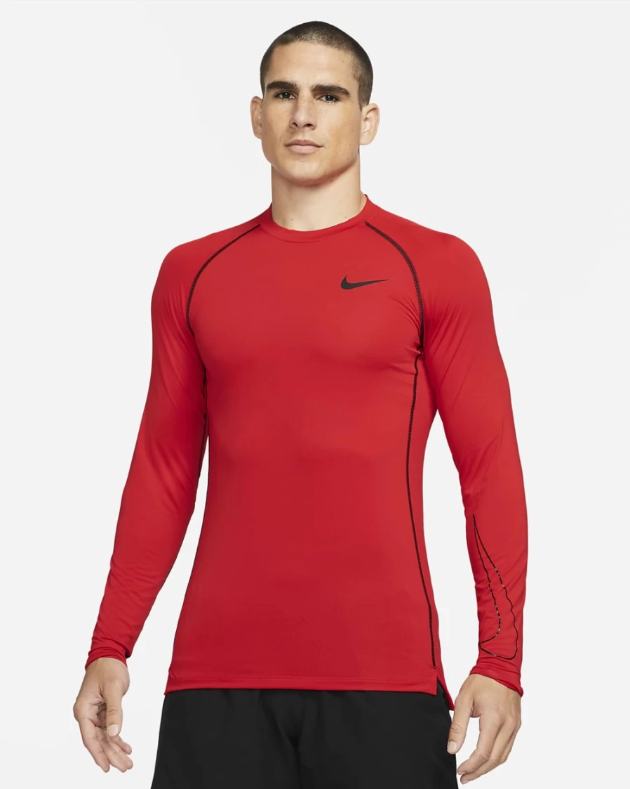 Nike Pro Dri-FIT Men's Long-Sleeve Training Top - University Red/Black, Slim Fit Moisture-Wicking Workout Shirt
