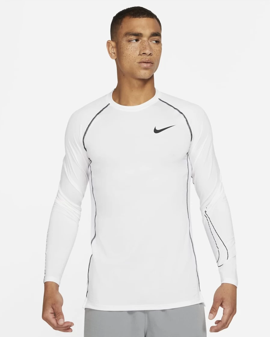 Nike Pro Dri-FIT Men's Training Long-Sleeve Shirt - White/Black/Black - Moisture-Wicking Slim Fit Top