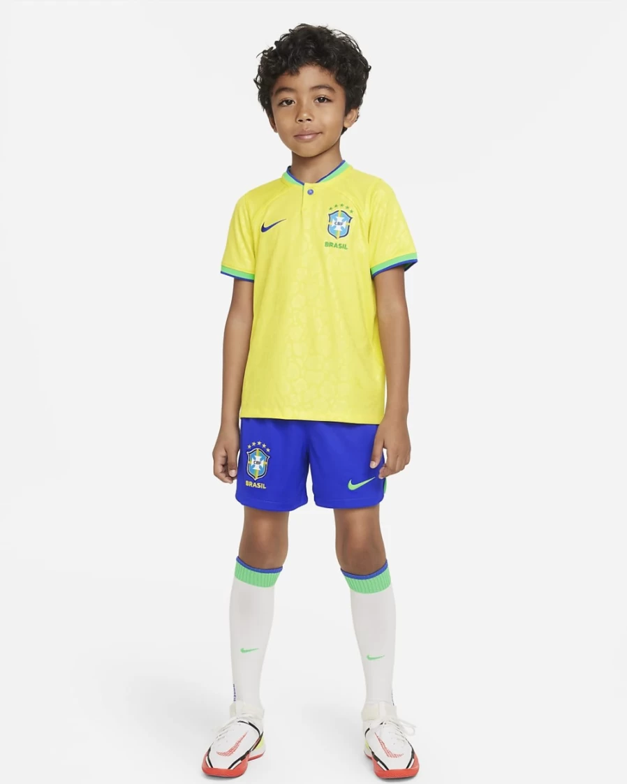 Nike Brazil 2022/23 Home Kids Dri-FIT Soccer Jersey - Dynamic Yellow/Green Spark/Paramount Blue - Boys & Girls Football Kit