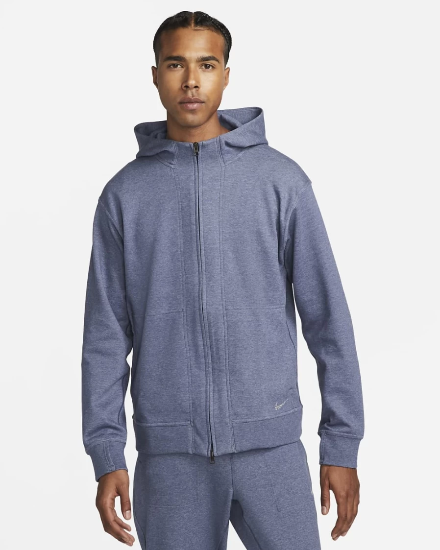 Nike Men's Dri-FIT Yoga Full-Zip Fleece Hoodie in Midnight Navy/Pure Blue - Lightweight Workout Jacket for Training & Gym