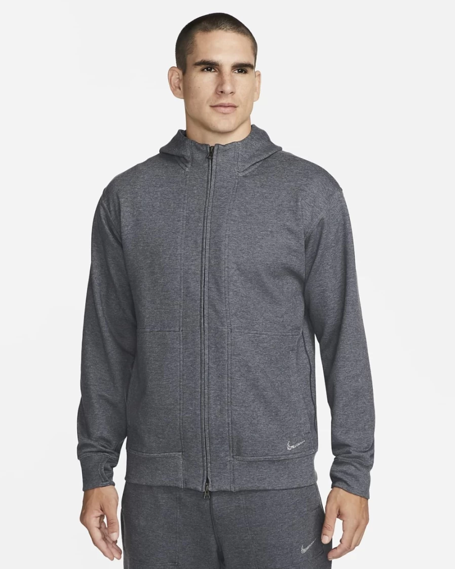 Nike Men's Dri-FIT Yoga Full-Zip Fleece Hoodie - Black/Pure - Lightweight Workout Jacket