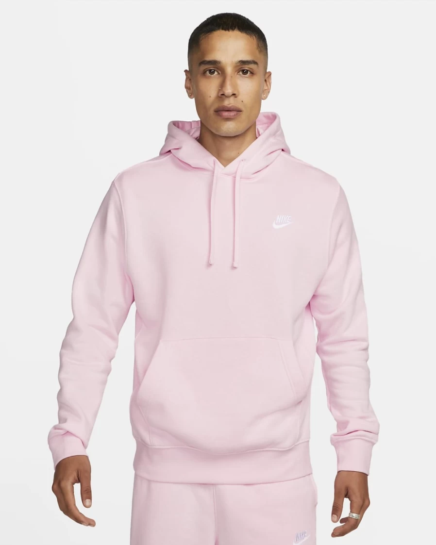 Nike Men's Club Fleece Pullover Hoodie - Pink Foam & White Colorway