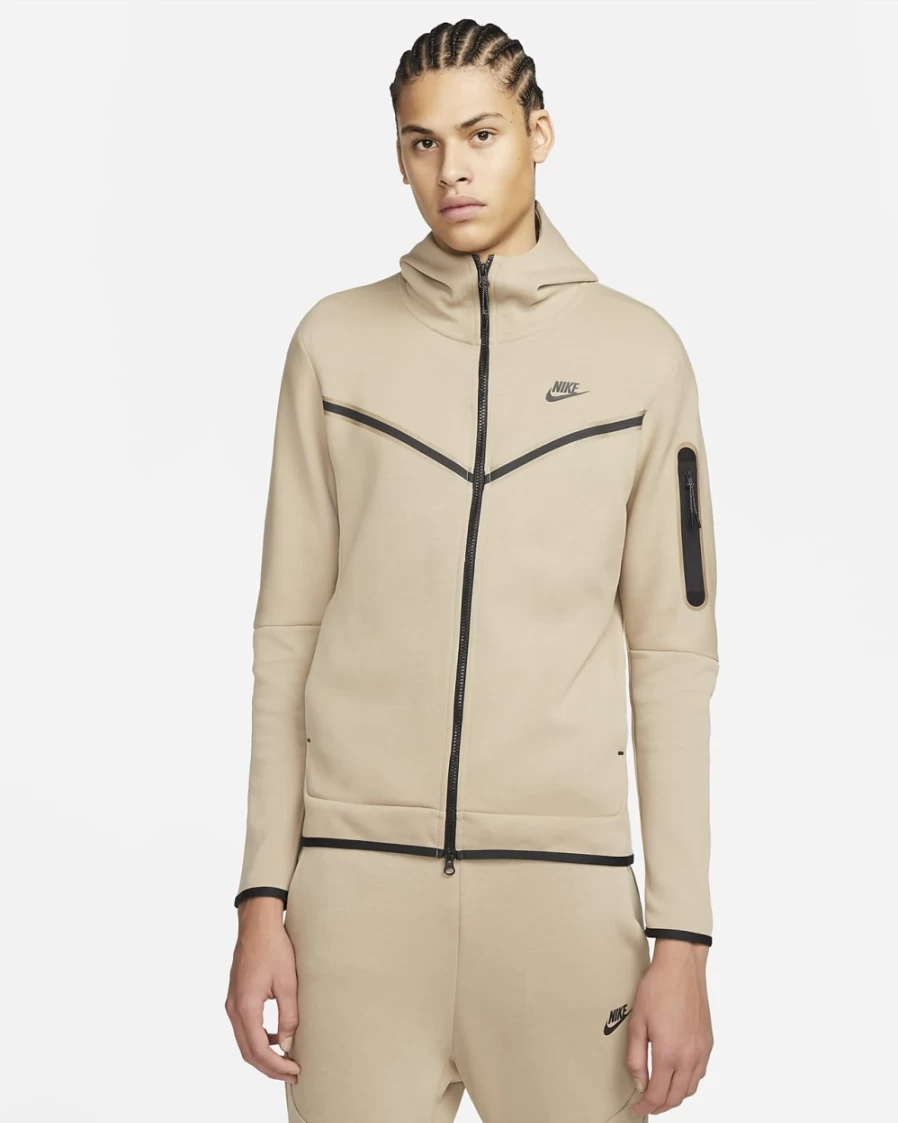 Nike Men's Tech Fleece Full-Zip Hoodie - Khaki/Black | Lightweight & Comfortable Sportswear