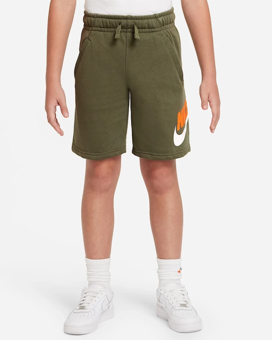 Nike Sportswear Club Fleece Big Kids’ Shorts for Boys and Girls in Medium Olive/Total Orange/White