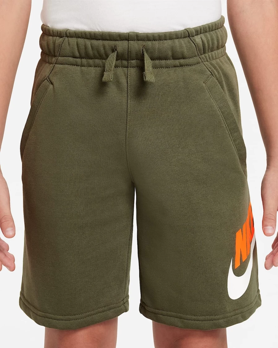 Nike Sportswear Club Fleece Big Kids' Shorts for Boys and Girls - Medium Olive/Total Orange/White Color Options