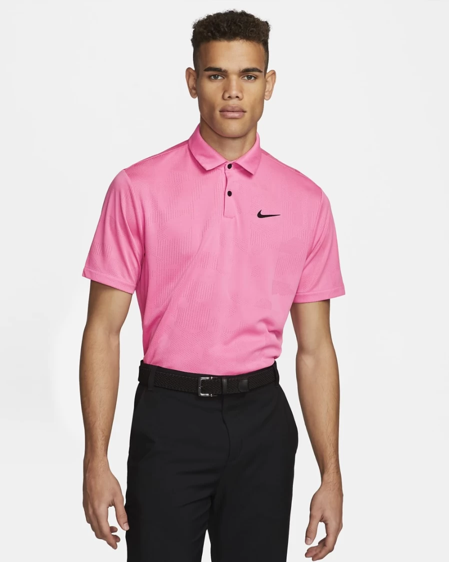 Nike Dri-FIT Tour Men's Jacquard Golf Polo Shirt - Pink Glow/Black, Moisture-Wicking Performance Top for Men