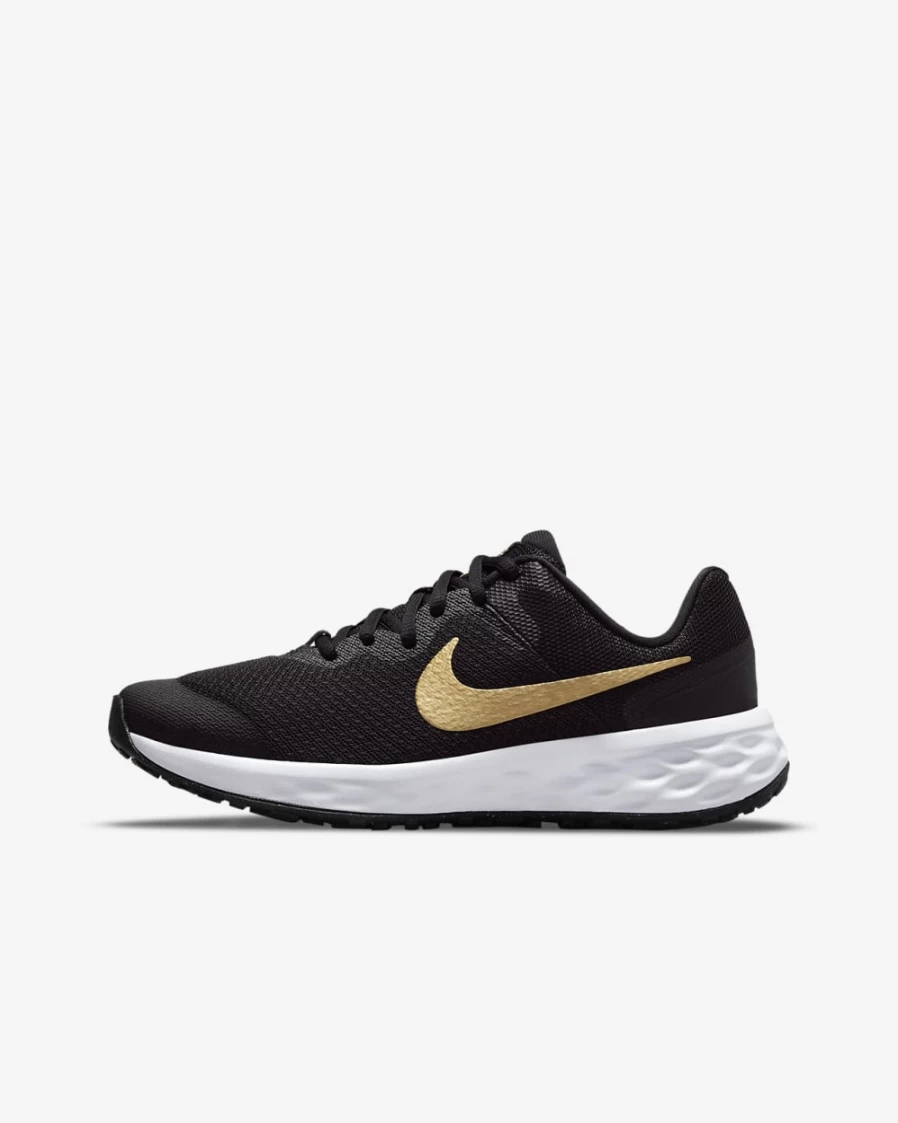 Nike Revolution 6 Big Kids' Road Running Shoes for Boys & Girls - Black/White/Metallic Gold