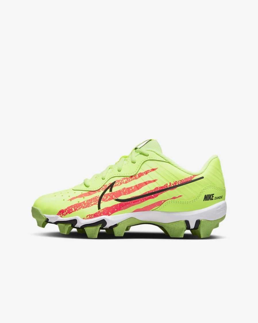 Nike Alpha Huarache 4 Keystone Kids' Baseball Cleats for Boys & Girls in Ghost Green/Bright Crimson/Platinum Tint/Black