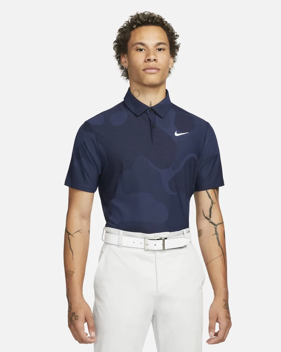 Nike Dri-FIT ADV Tour Men's Golf Polo - Moisture-Wicking Camo Design in Blackened Blue/Midnight Navy/White