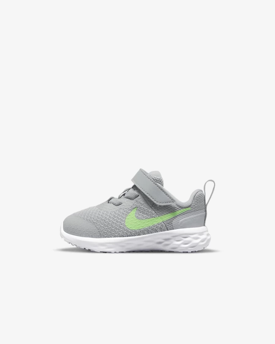 Nike Revolution 6 Baby Toddler Shoes for Boys & Girls - Light Smoke Grey/Dark Smoke Grey/Chrome/Green Strike