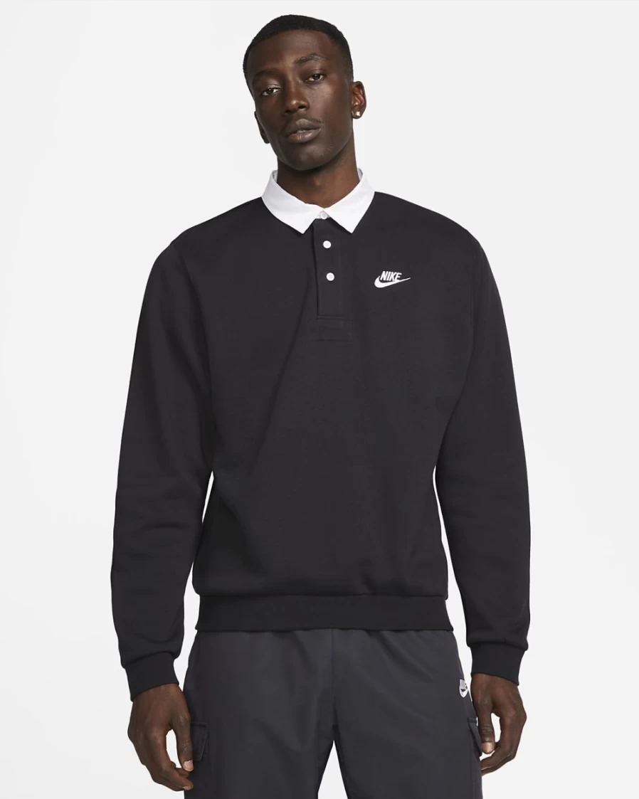 Nike Club Fleece Men's Long-Sleeve Polo Shirt - Black & White Brushed-Back Comfort