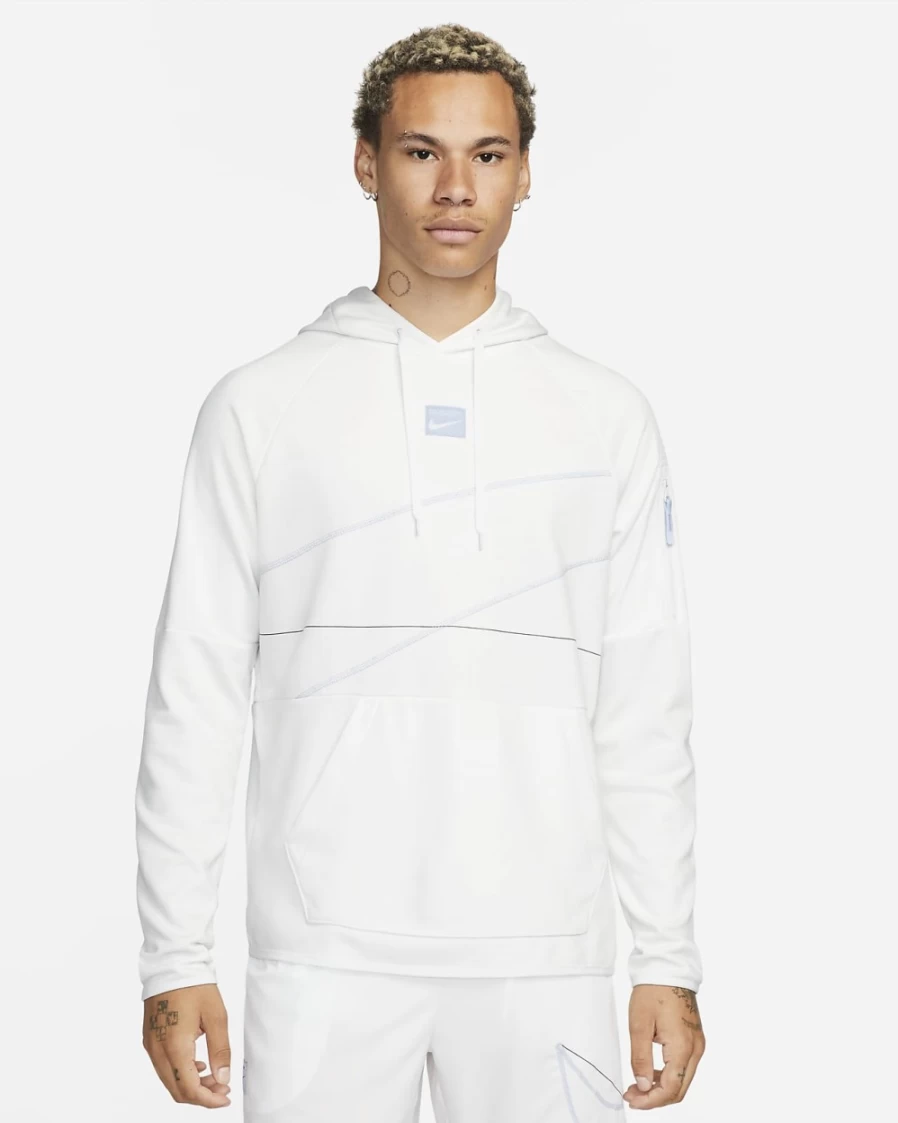 Nike Dri-FIT Men's Summit White/Blue Whisper Fleece Pullover Hoodie for Fitness