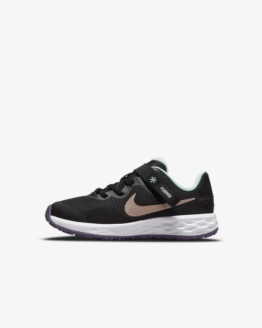Nike Revolution 6 FlyEase Easy On/Off Kids' Shoes for Boys & Girls - Black/Mint Foam/Canyon Purple/Metallic Red Bronze