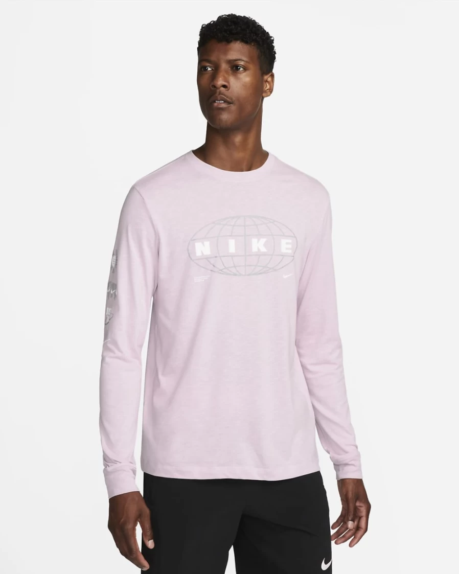 Nike Dri-FIT Men's Training Long-Sleeve T-Shirt - Pink Foam/Light Smoke Grey - Moisture-Wicking Workout Top