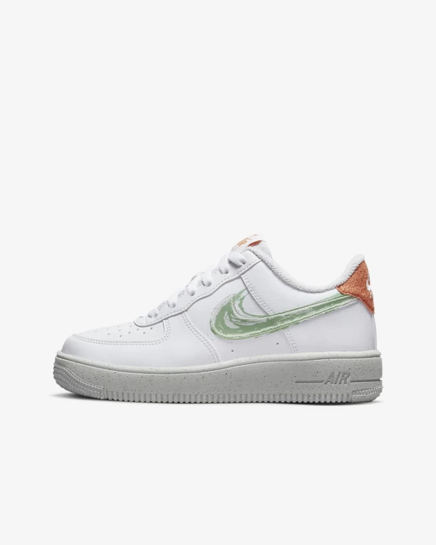 Nike Air Force 1 Crater Big Kids' Sneakers in White/Orange Trance/Sail/Enamel Green for Boys and Girls