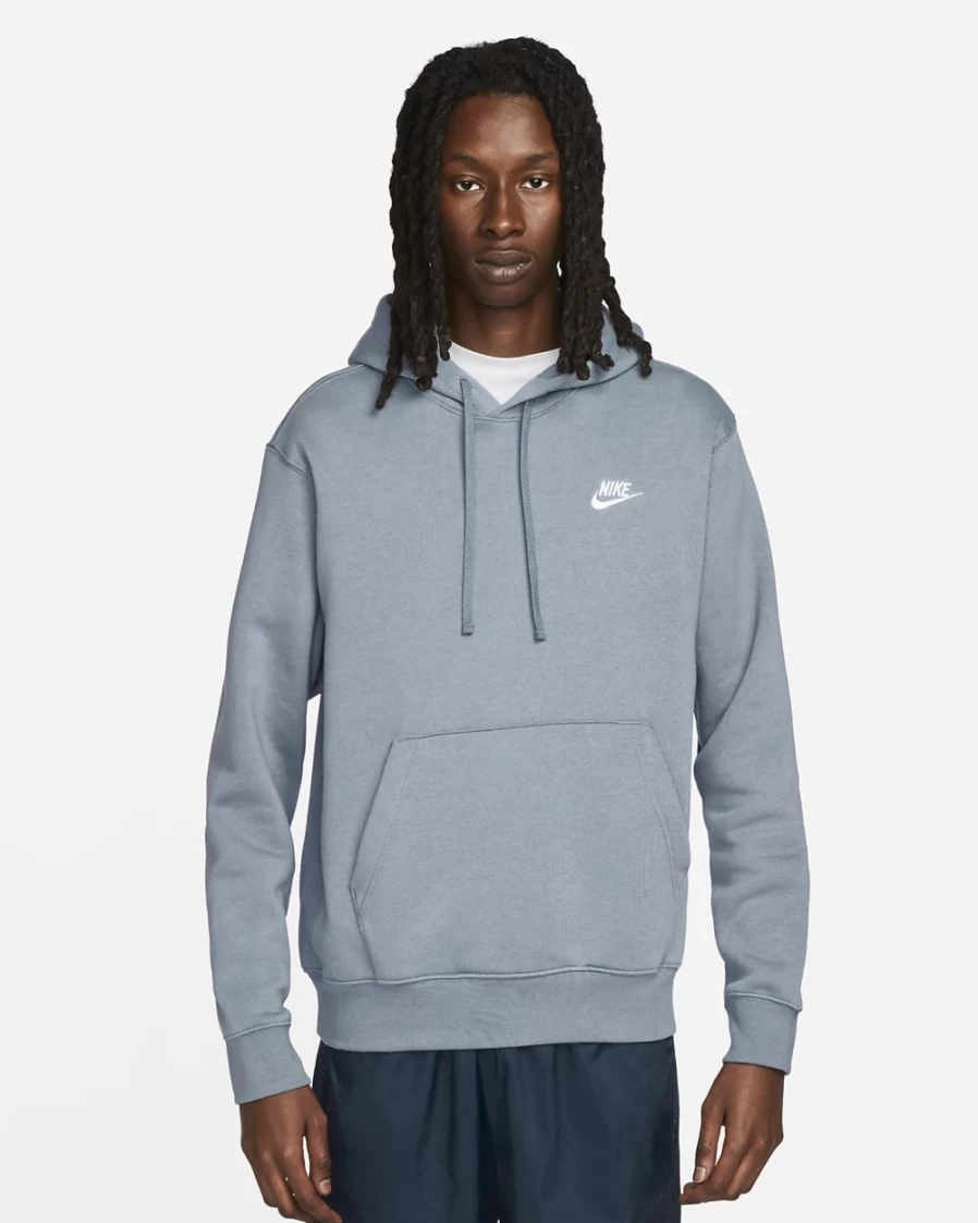 Nike Men's Ashen Slate Club Fleece Pullover Hoodie - Sportswear White Trim Comfort Fit