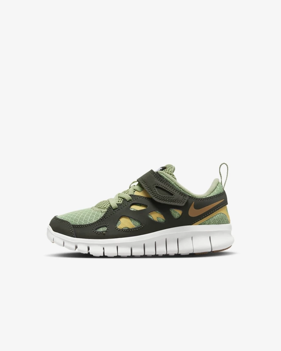 Nike Free Run 2 Little Kids' Running Shoes for Boys & Girls - Oil Green/Sequoia/Wheat Gold/Monarch