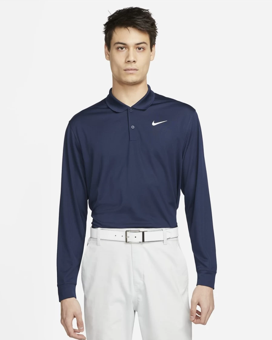 Nike Dri-FIT Victory Men's Long-Sleeve Golf Polo Shirt - College Navy/White, Moisture-Wicking Performance Top for Men