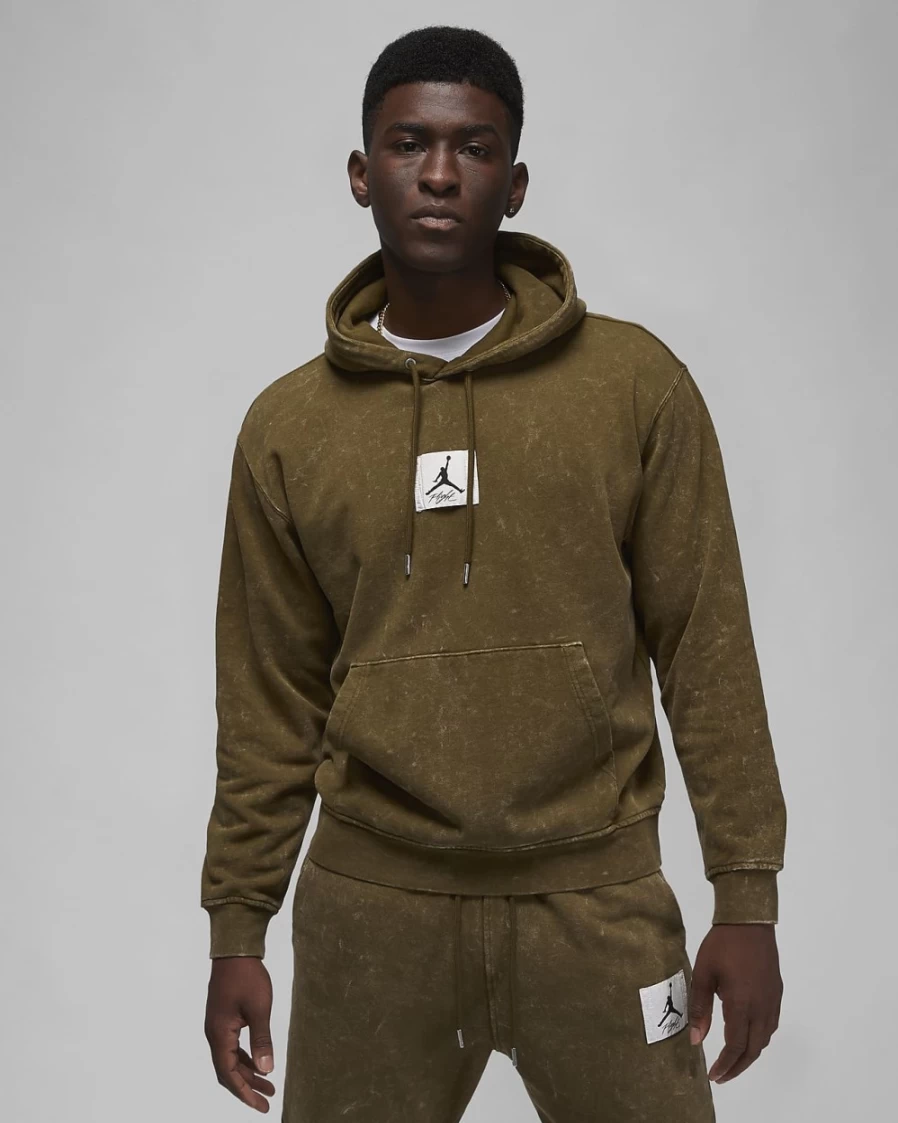 Nike Jordan Flight Fleece Men's Light Olive Pullover Hoodie - Washed Comfort Fit