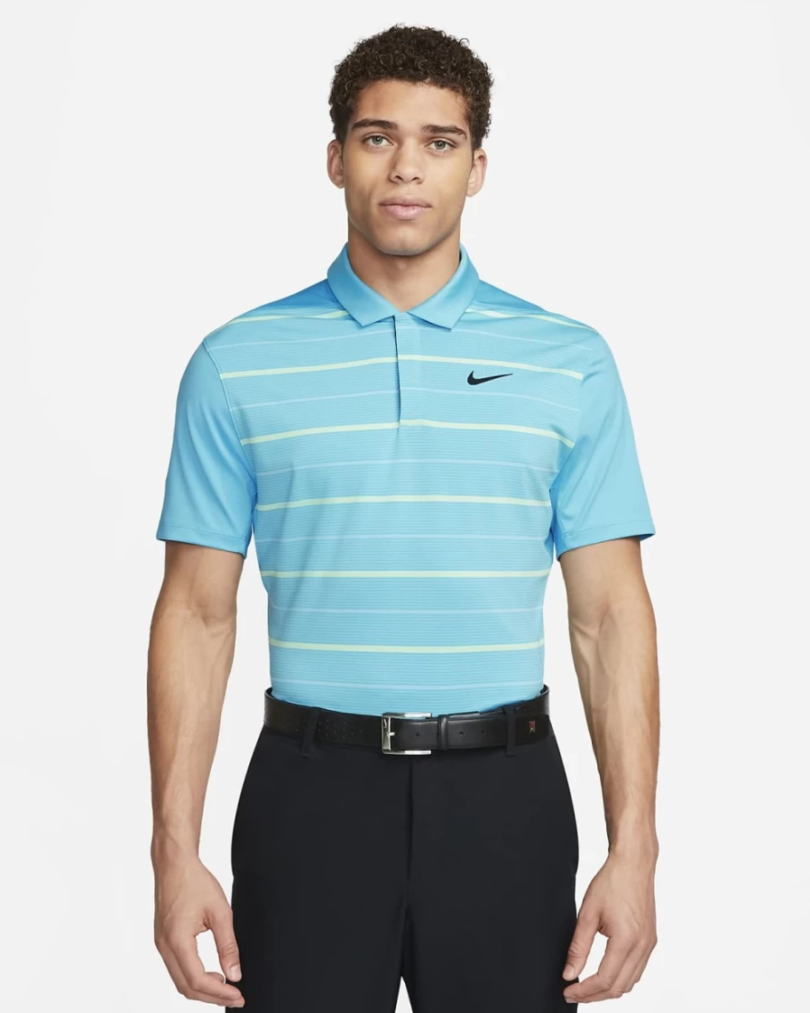 Nike Dri-FIT Tiger Woods Men's Golf Polo - Moisture-Wicking, Striped Design, Baltic Blue/Blue Chill/Citron Tint/Black