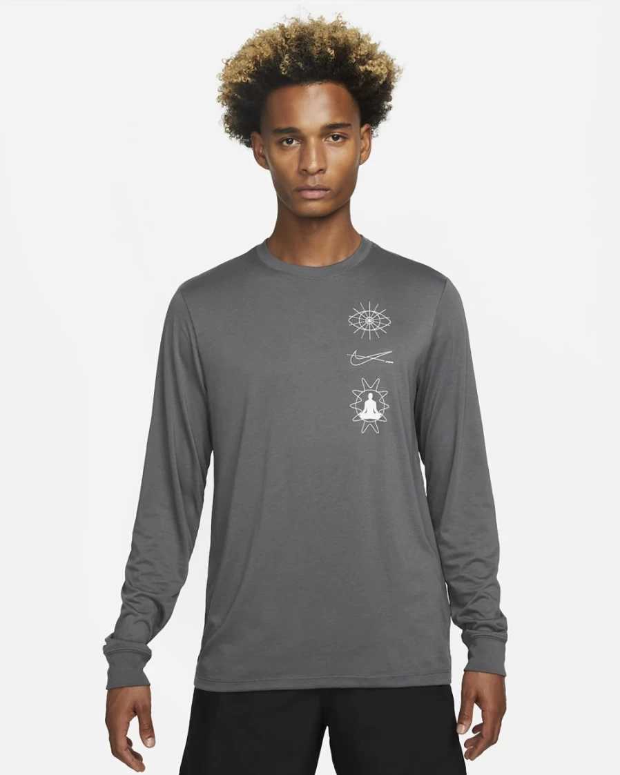Nike Dri-FIT Men's Iron Grey Long-Sleeve Yoga T-Shirt - Moisture-Wicking Workout Top