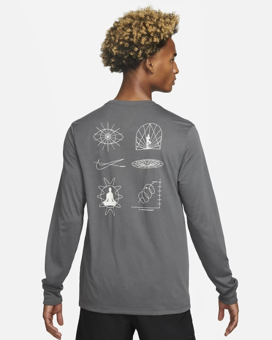 Nike Dri-FIT Men's Iron Grey Long-Sleeve Yoga T-Shirt - Moisture-Wicking Workout Top