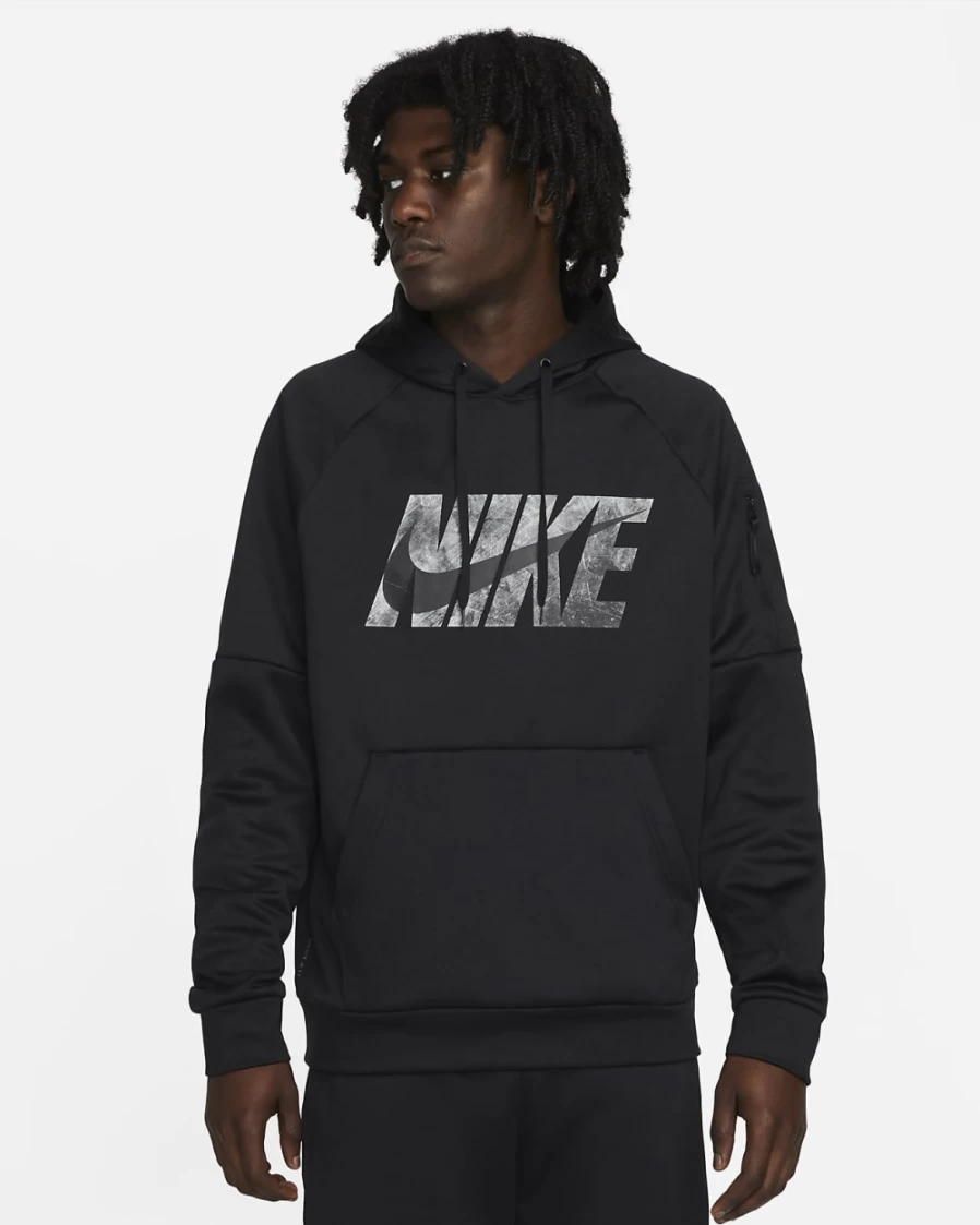 Nike Therma-FIT Men's Black & Iron Grey Pullover Hoodie for Fitness Training