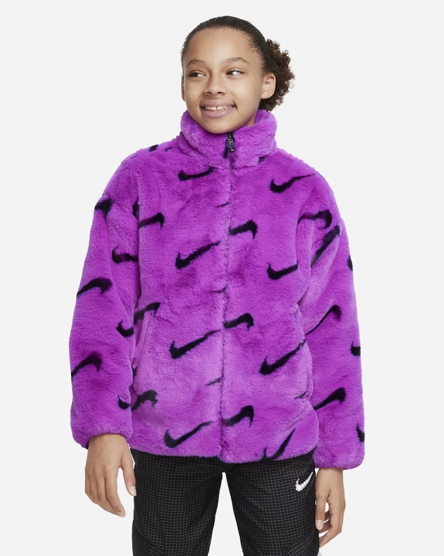 Nike Sportswear Big Kids' Faux Fur Jacket for Boys & Girls - Vivid Purple/Black Cozy Winter Coat