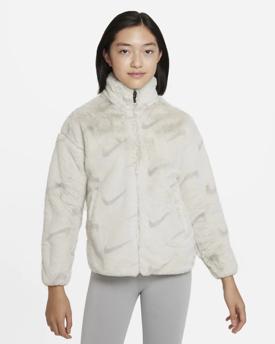 Nike Big Kids' Light Bone Faux Fur Jacket - Unisex Boys & Girls Sportswear Coat