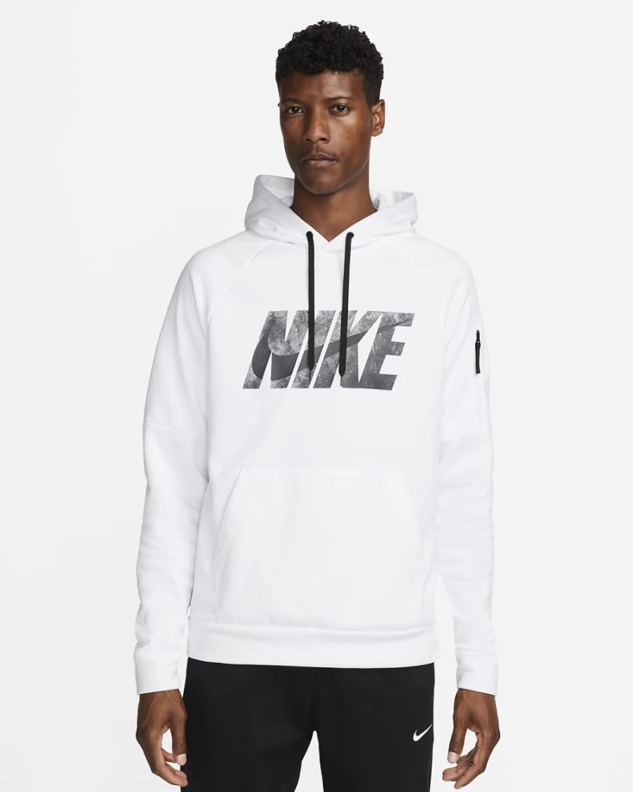 Nike Therma-FIT Men's Pullover Hoodie - White & Black Fitness Sweatshirt for Men