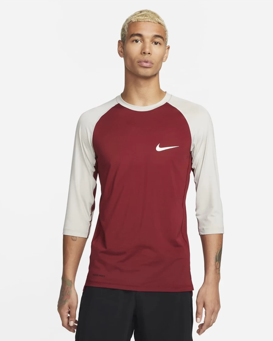 Nike Dri-FIT Men's 3/4 Sleeve Baseball Shirt - Team Red, Light Iron Ore, Summit White - Moisture-Wicking Performance Top