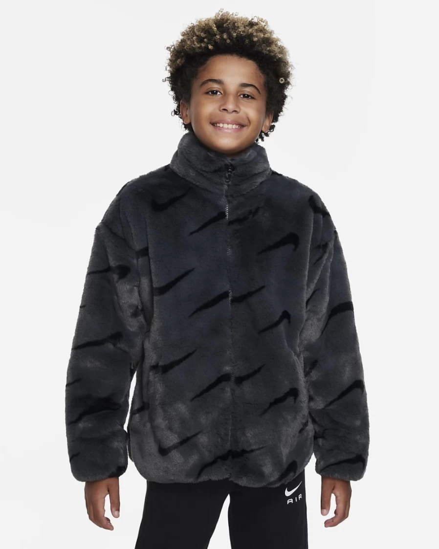 Nike Sportswear Big Kids' Faux Fur Jacket for Boys & Girls - Dark Smoke Grey/Black