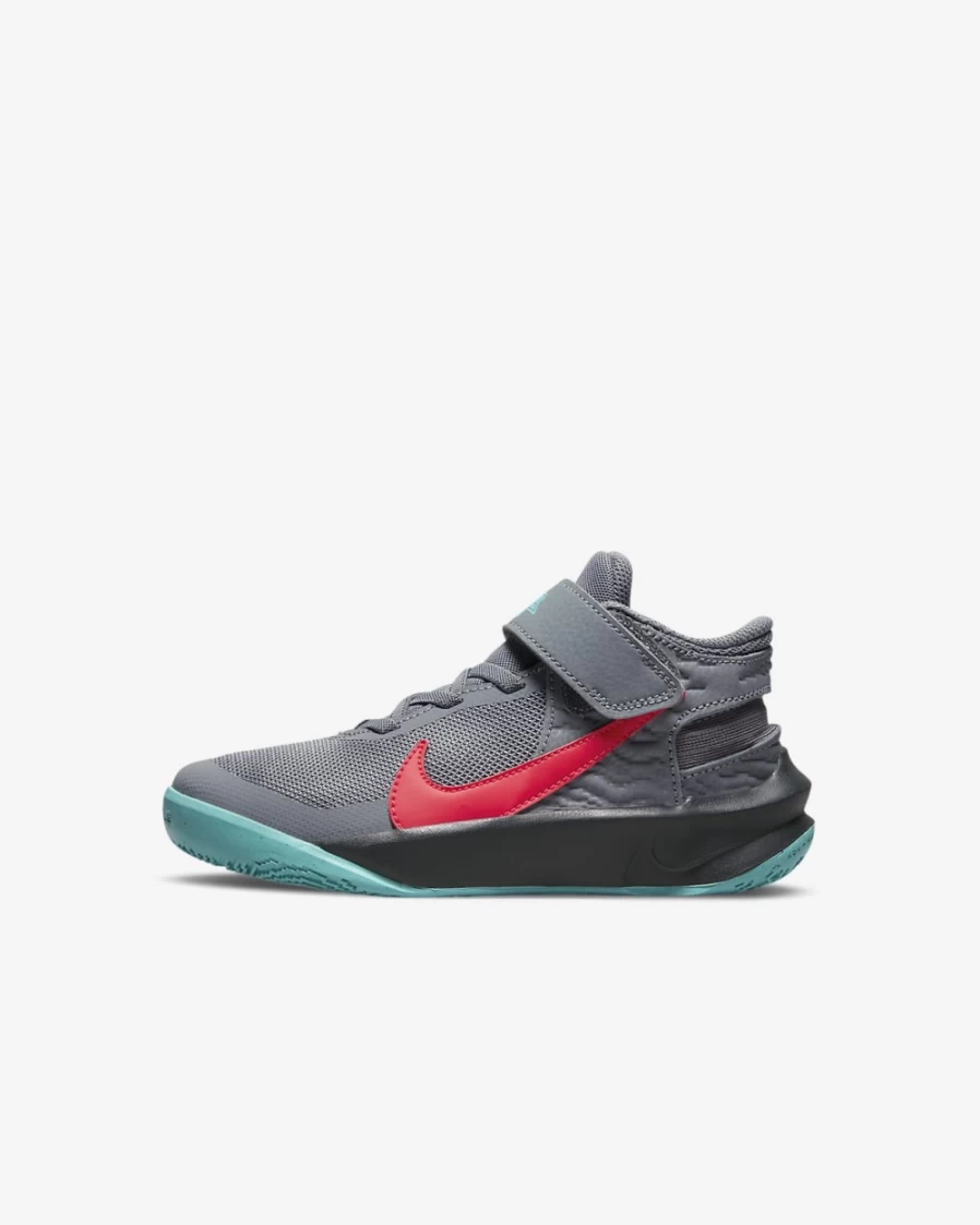Nike Team Hustle D 10 FlyEase Kids' Shoes - Smoke Grey/Dark Smoke Grey/Washed Teal/Siren Red - Easy On/Off for Boys & Girls