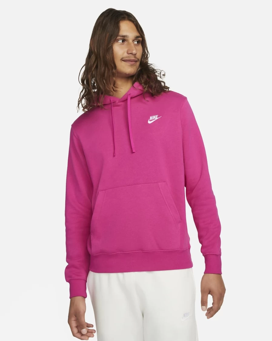 Nike Men's Club Fleece Pullover Hoodie - Active Pink & White Comfort Fit Sweatshirt