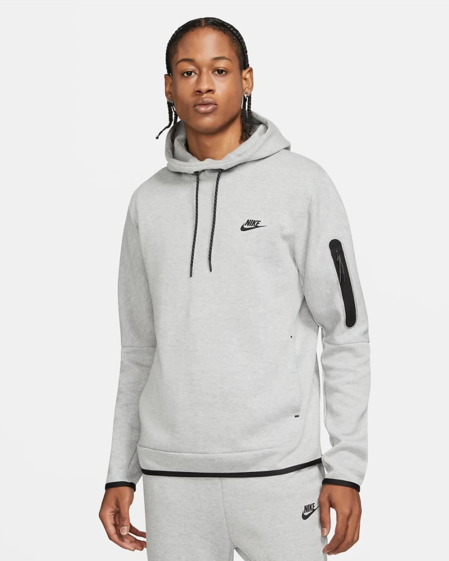 Nike Men's Dark Grey Heather Tech Fleece Pullover Hoodie - Sportswear Essentials