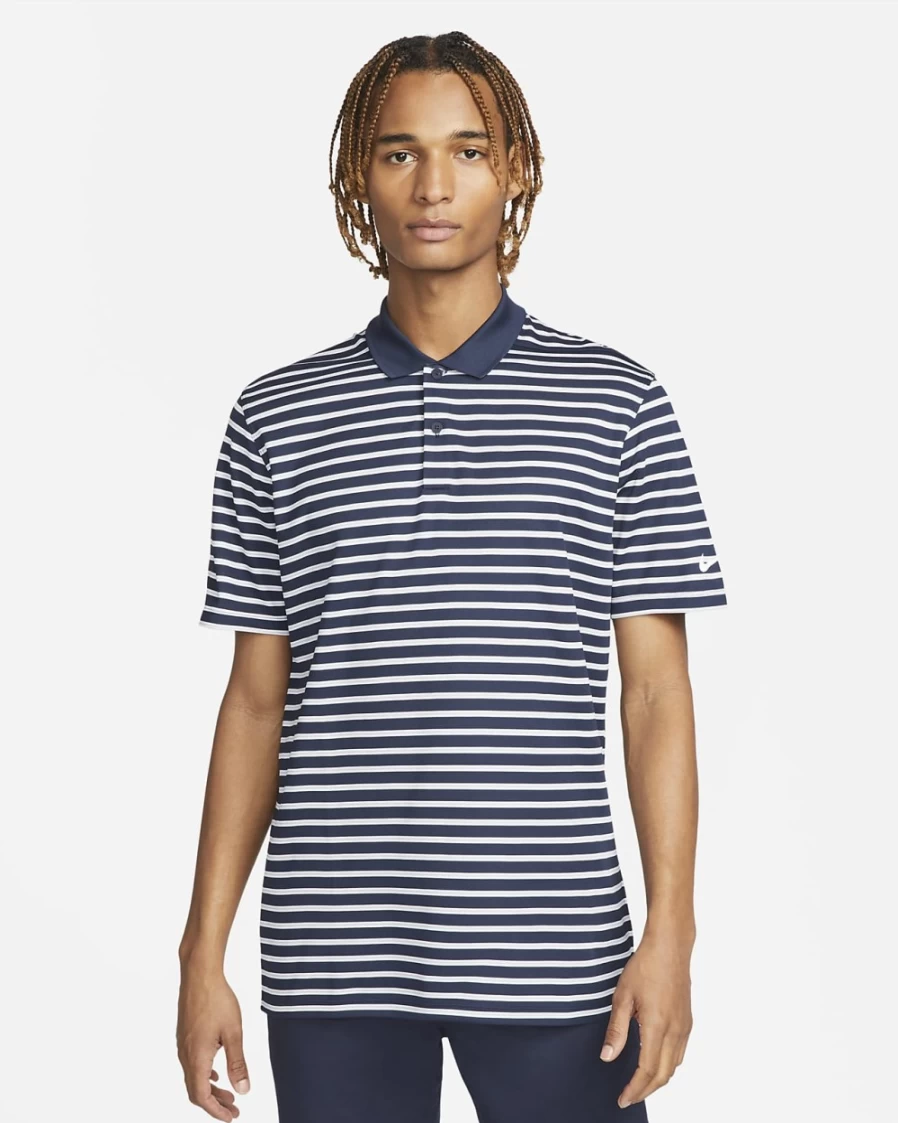 Nike Dri-FIT Victory Men's Golf Polo Shirt - Obsidian/White Striped Moisture-Wicking Performance Top