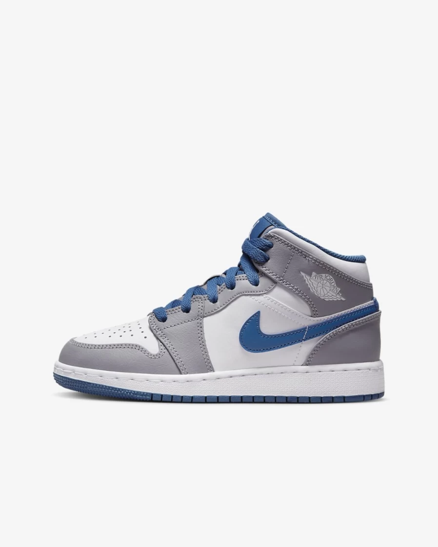 Nike Air Jordan 1 Mid Big Kids' Shoes - Cement Grey/True Blue/White - Boys & Girls