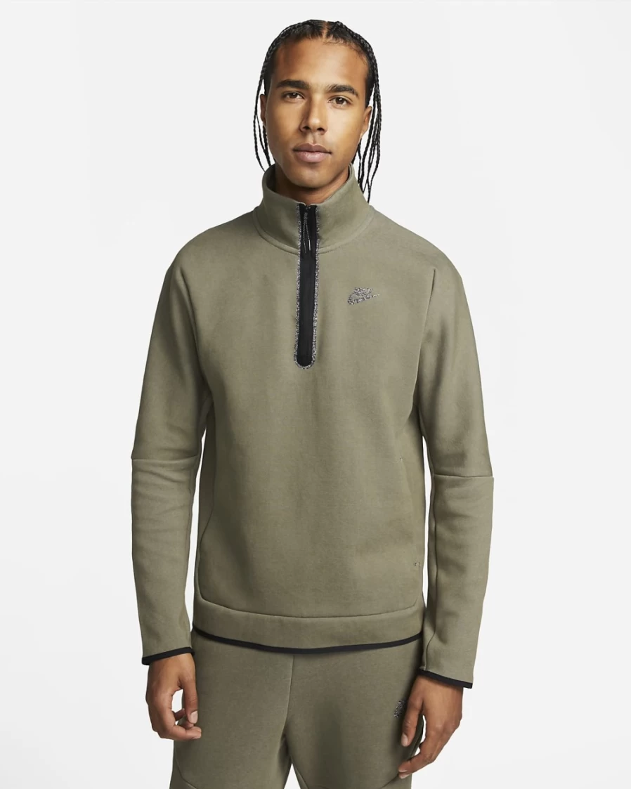 Nike Men's Tech Fleece 1/2-Zip Pullover Hoodie - Medium Olive/Heather, Sportswear Top