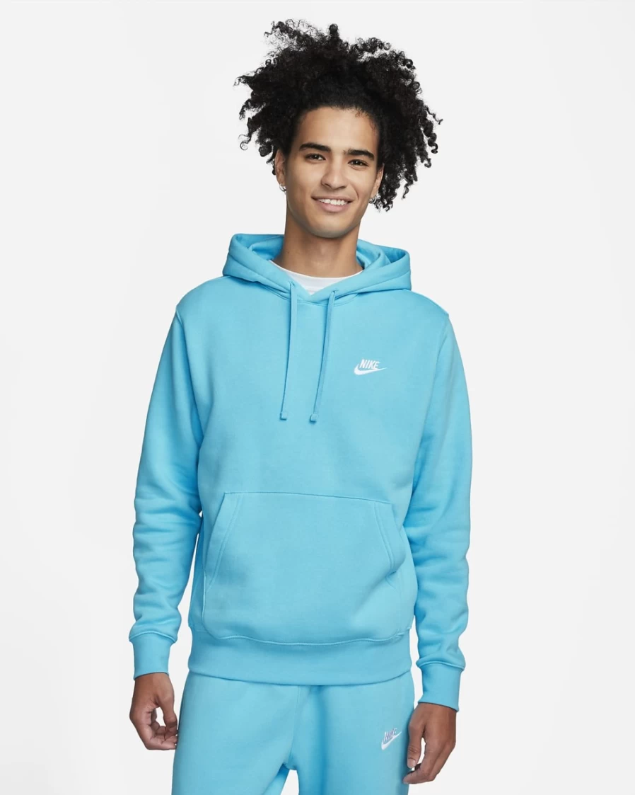 Nike Club Fleece Pullover Hoodie for Men - Baltic Blue & White Comfort Fit Sweatshirt