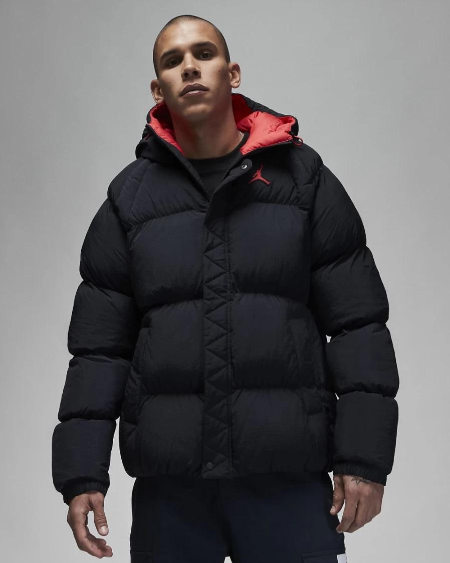 Nike Jordan Essential Men's Puffer Jacket - Black/Fire Red Windbreaker, Lightweight Insulated Coat for Winter