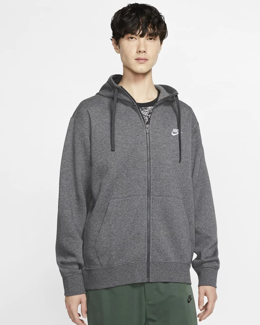 Nike Club Fleece Men's Full-Zip Hoodie - Charcoal Heather/Anthracite/White Pullover Sweatshirt
