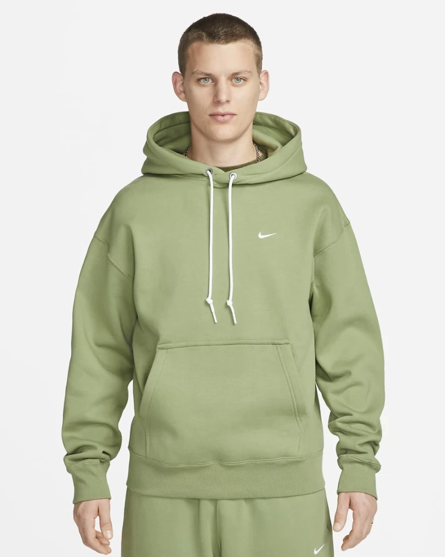 Nike Solo Swoosh Men's Oil Green & White Fleece Pullover Hoodie