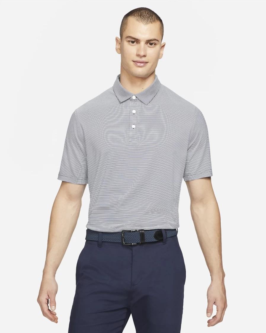 Nike Dri-FIT Player Men's Golf Polo Shirt - Obsidian, Diffused Blue & Brushed Silver Striped Performance Top