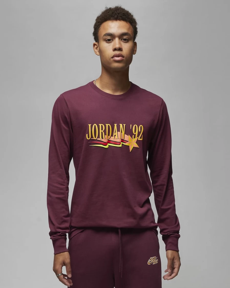 Nike Men's Jordan Brand Long-Sleeve T-Shirt in Cherrywood Red & Midwest Gold